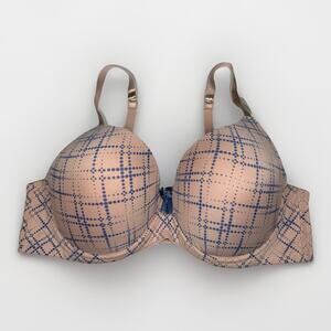 Simply Basic Plunge Bra 44B Nude with Blue Dot Grid Print Padded Underwire NWT